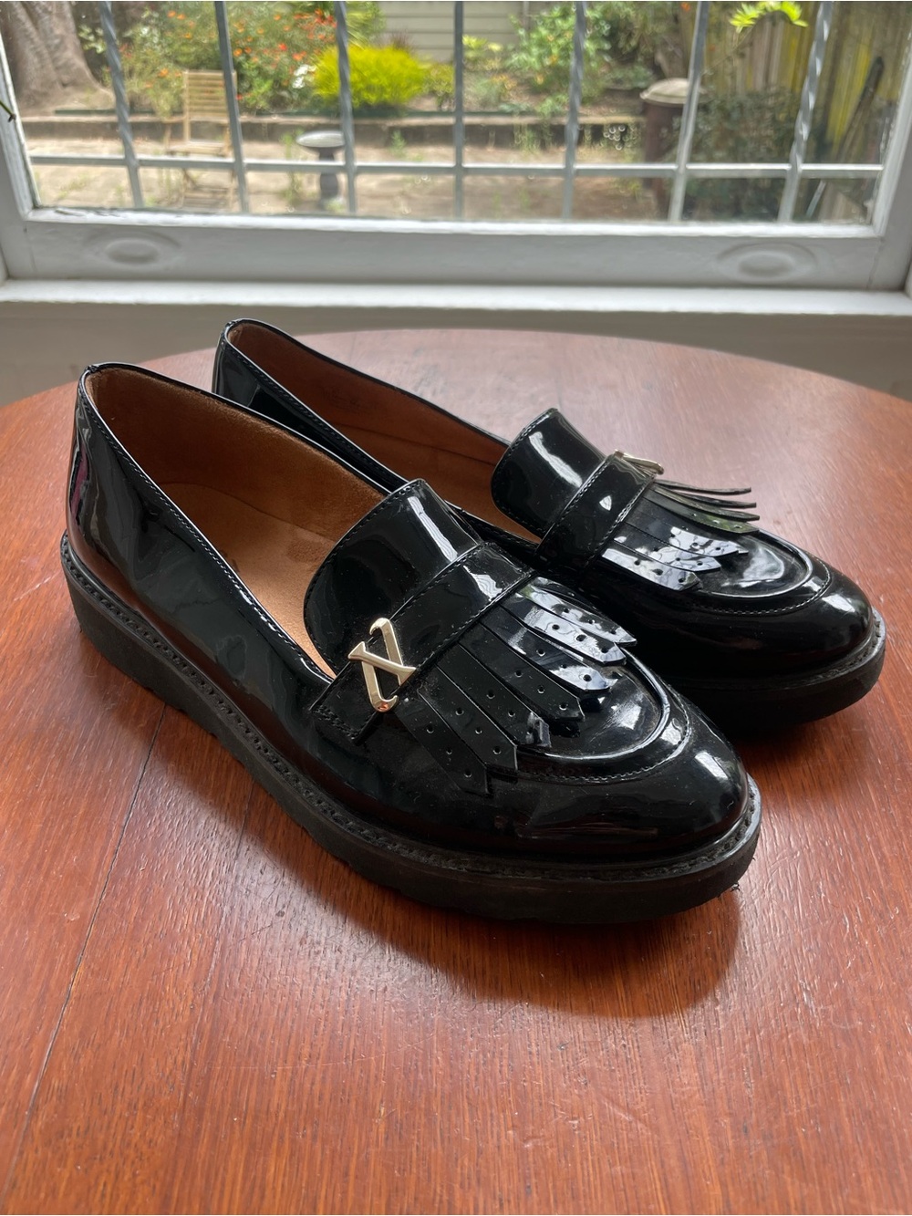 Naturalizer Black Patent Kiltie Loafers with Gold Accent